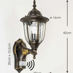 Applique Murale D'Exterieur Ribadeo Noir Dore, 1 Lumiere, Detecteur De Mouvement