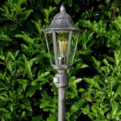 Lampadaire Exterieur Lignac Noir, Argente, 1 Lumiere, Detecteur De Mouvement