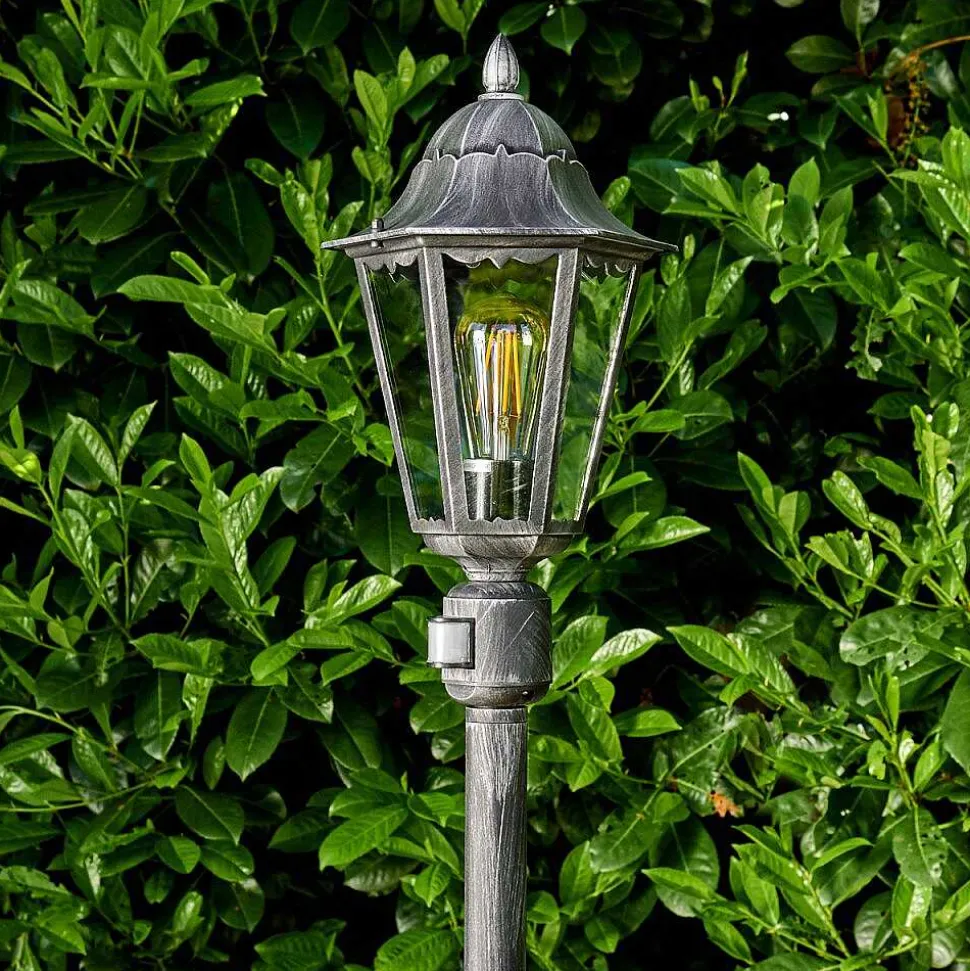 Lampadaire Exterieur Lignac Noir, Argente, 1 Lumiere, Detecteur De Mouvement