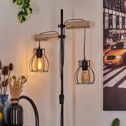 Lampadaire Gondo Bois Clair, Noir, 2 Lumieres