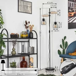 Lampadaire Gondo Bois Clair, Noir, 2 Lumieres