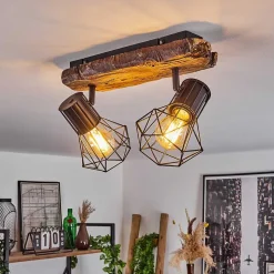 Plafonnier Bardhaman Bois Clair, Couleur Bois, Noir, 2 Lumieres