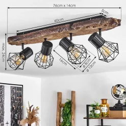 Plafonnier Bardhaman Brun, Couleur Bois, Noir, 4 Lumieres