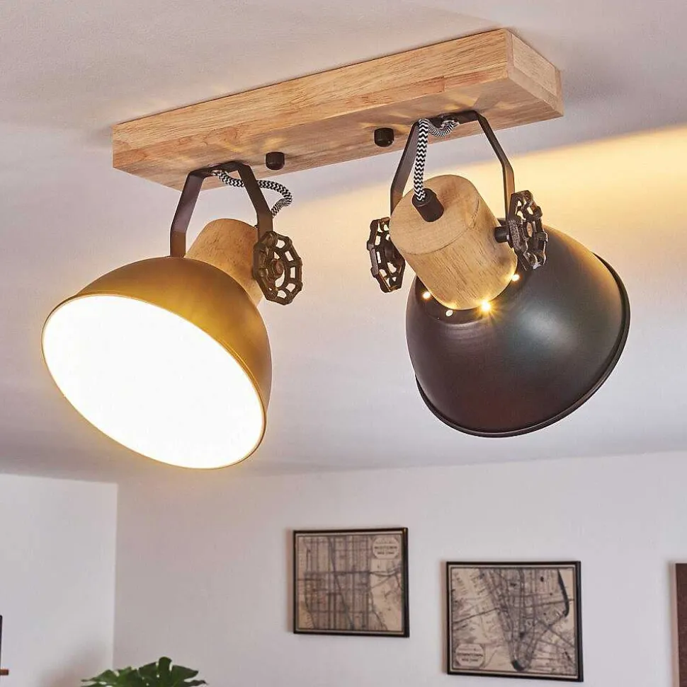 Plafonnier Orny Anthracite, Bois Clair, 2 Lumieres