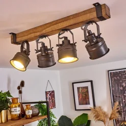 Plafonnier Pehefito Gris, Bois Fonce, Noir, 4 Lumieres