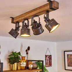 Plafonnier Pehefito Gris, Bois Fonce, Noir, 4 Lumieres