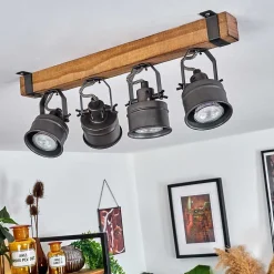 Plafonnier Pehefito Gris, Bois Fonce, Noir, 4 Lumieres