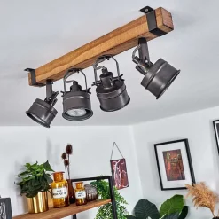 Plafonnier Pehefito Gris, Bois Fonce, Noir, 4 Lumieres