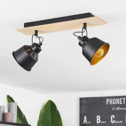 Plafonnier Safari Chrome, Bois Clair, Noir, 2 Lumieres