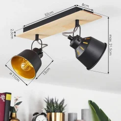 Plafonnier Safari Chrome, Bois Clair, Noir, 2 Lumieres