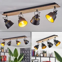 Plafonnier Safari Chrome, Bois Clair, Noir, 4 Lumieres