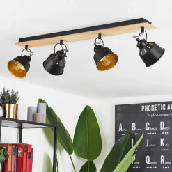 Plafonnier Safari Chrome, Bois Clair, Noir, 4 Lumieres