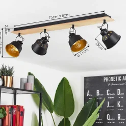 Plafonnier Safari Chrome, Bois Clair, Noir, 4 Lumieres