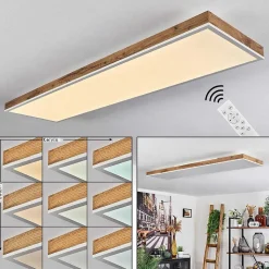 Plafonnier Salmi Led Brun, Couleur Bois, Blanc, 1 Lumiere, Telecommandes