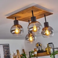 Plafonnier Vouhet Brun, Couleur Bois, Noir, 4 Lumieres