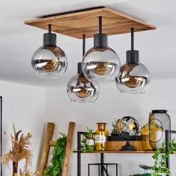 Plafonnier Vouhet Brun, Couleur Bois, Noir, 4 Lumieres