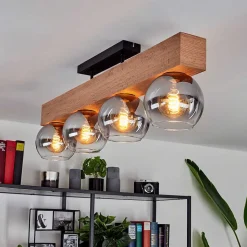 Plafonnier Vouhet Brun, Couleur Bois, Noir, 4 Lumieres