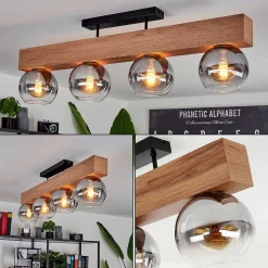 Plafonnier Vouhet Brun, Couleur Bois, Noir, 4 Lumieres