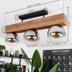 Plafonnier Vouhet Brun, Couleur Bois, Noir, 3 Lumieres