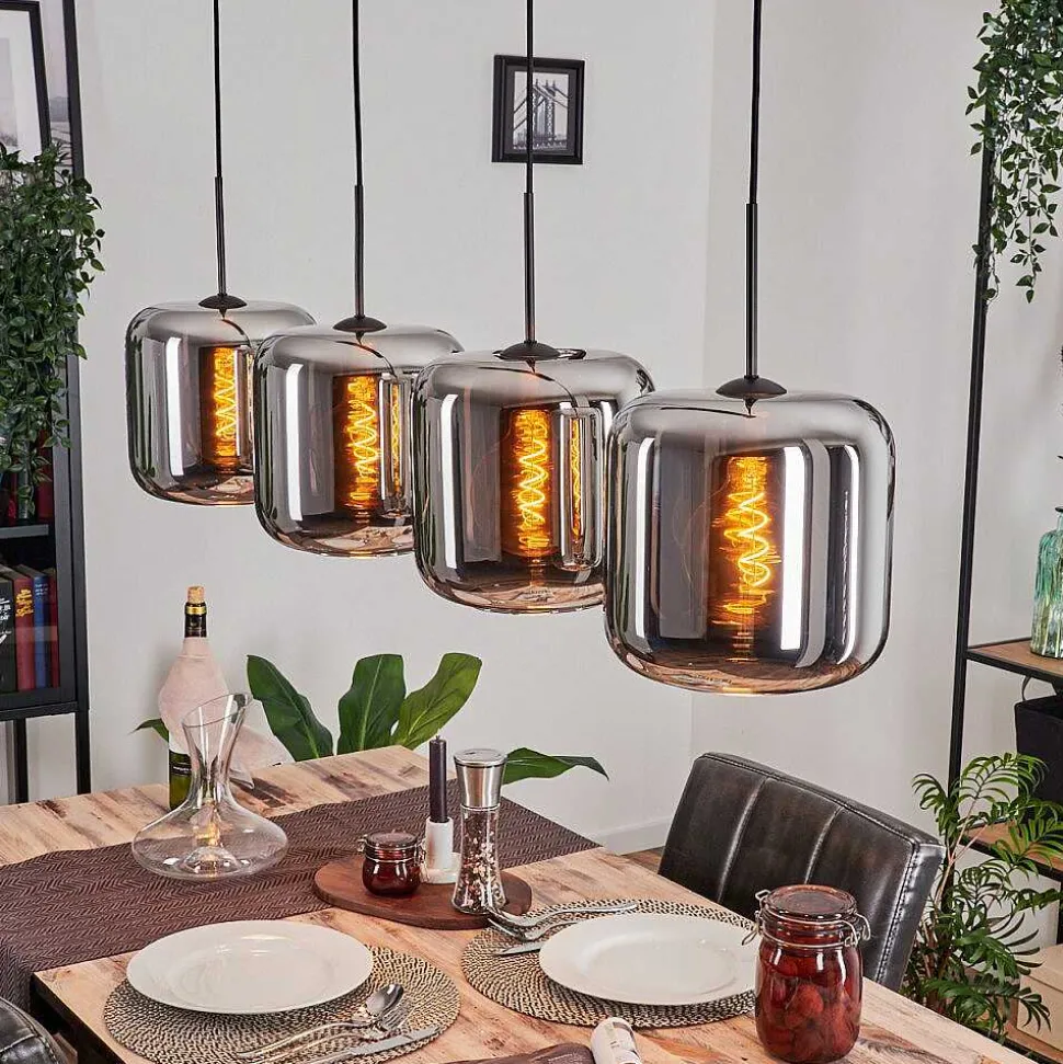 Suspension - Verre Lauden Chrome, Fume, 4 Lumieres