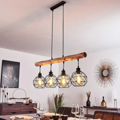 Suspension Bacabal Bois Clair, Noir, 4 Lumieres