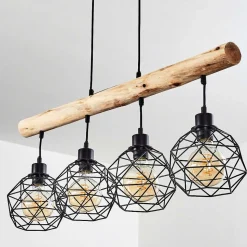 Suspension Bacabal Bois Clair, Noir, 4 Lumieres