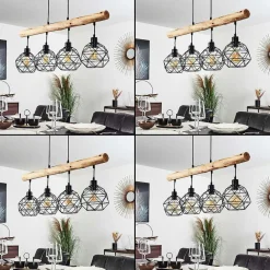 Suspension Bacabal Bois Clair, Noir, 4 Lumieres