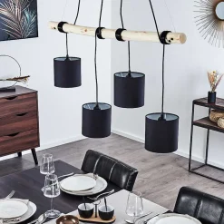 Suspension Betsele Bois Clair, Noir, 4 Lumieres