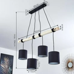 Suspension Betsele Bois Clair, Noir, 4 Lumieres