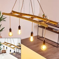 Suspension Canazei Brun, Bois Clair, Noir, 4 Lumieres