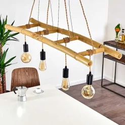 Suspension Canazei Brun, Bois Clair, Noir, 4 Lumieres