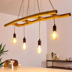 Suspension Canazei Brun, Bois Clair, Noir, 4 Lumieres