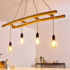 Suspension Canazei Brun, Bois Clair, Noir, 4 Lumieres