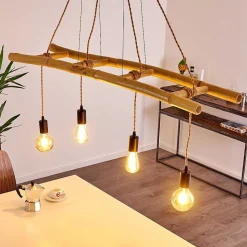 Suspension Canazei Brun, Bois Clair, Noir, 4 Lumieres