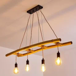 Suspension Canazei Brun, Bois Clair, Noir, 4 Lumieres