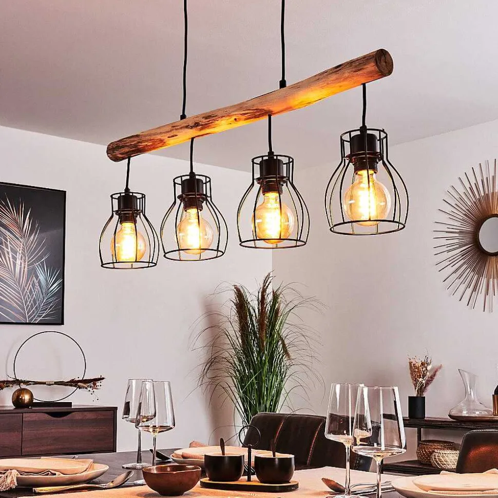 Suspension Gondo Bois Clair, Noir, 4 Lumieres