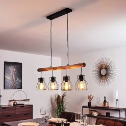 Suspension Gondo Bois Clair, Noir, 4 Lumieres