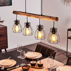 Suspension Gondo Bois Clair, Noir, 4 Lumieres