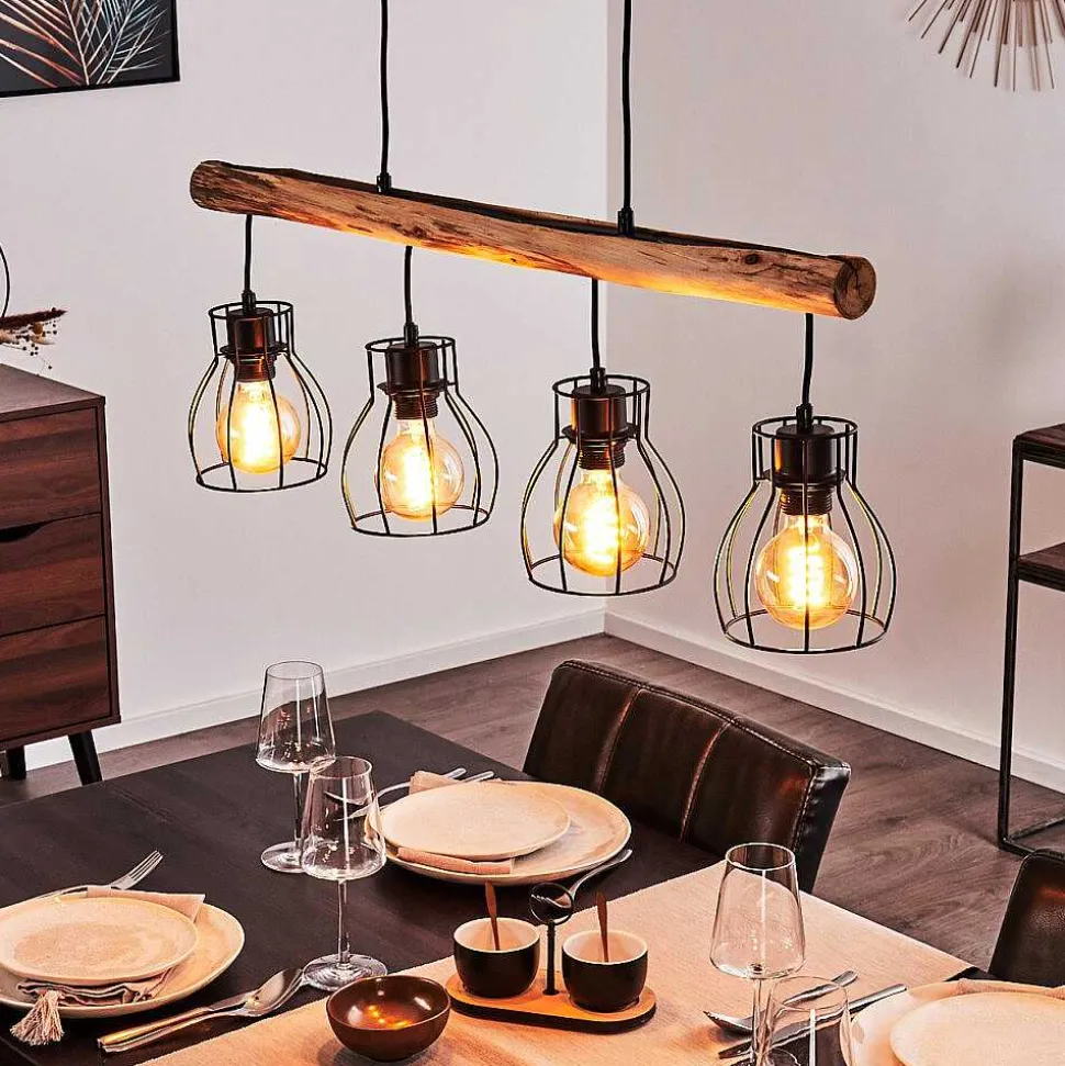 Suspension Gondo Bois Clair, Noir, 4 Lumieres