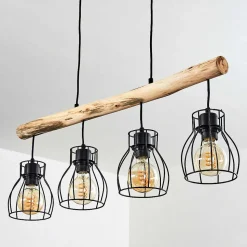 Suspension Gondo Bois Clair, Noir, 4 Lumieres
