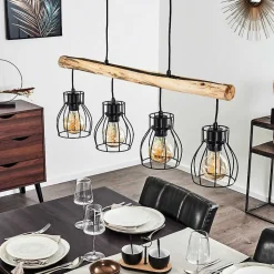 Suspension Gondo Bois Clair, Noir, 4 Lumieres