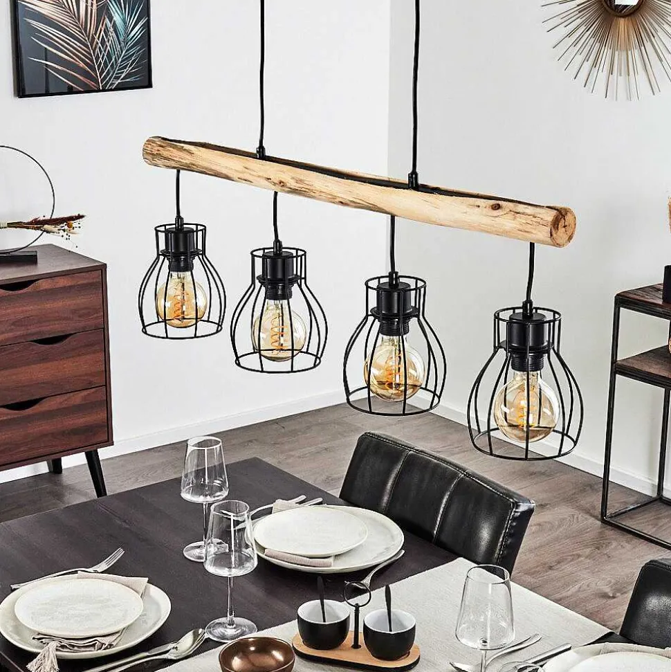 Suspension Gondo Bois Clair, Noir, 4 Lumieres