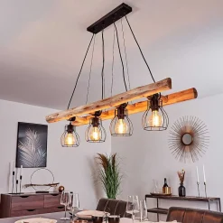 Suspension Gondo Bois Clair, Noir, 4 Lumieres