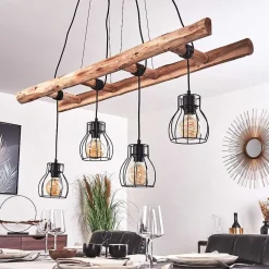 Suspension Gondo Bois Clair, Noir, 4 Lumieres
