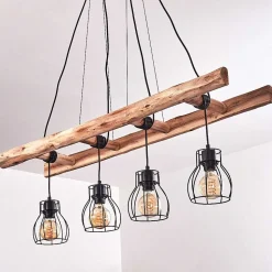 Suspension Gondo Bois Clair, Noir, 4 Lumieres