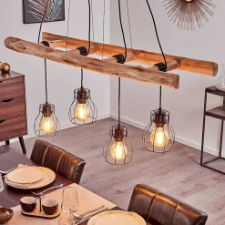 Suspension Gondo Bois Clair, Noir, 4 Lumieres