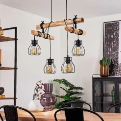 Suspension Gondo Bois Fonce, Noir, 4 Lumieres