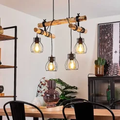 Suspension Gondo Bois Fonce, Noir, 4 Lumieres