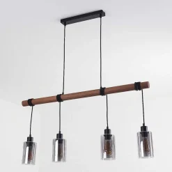 Suspension Hunouri Bois Fonce, Noir, 4 Lumieres