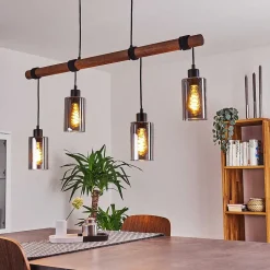 Suspension Hunouri Bois Fonce, Noir, 4 Lumieres